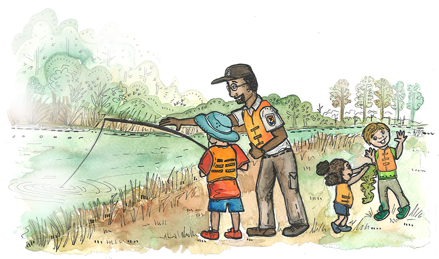 A Ranger Shows Children How To Fish In A River - River (900x533), Png Download