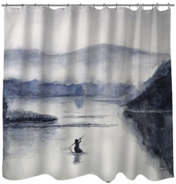 Watercolor Fishing Boat And Island With Mountains - Curtain (400x400), Png Download