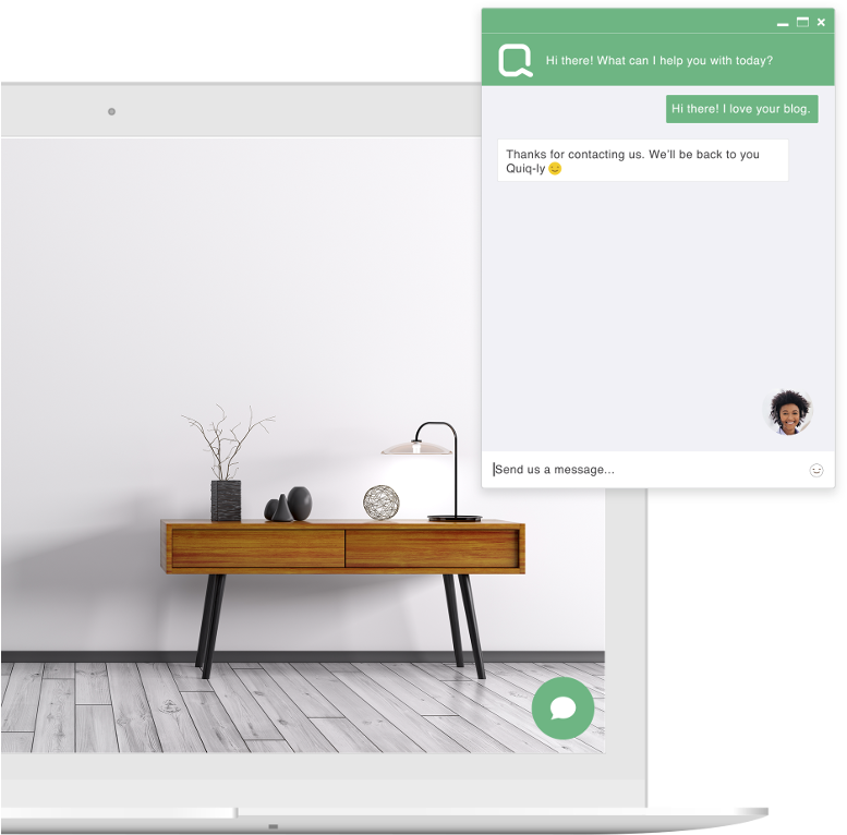 Quiq Web Chat Icon On Computer And Pop-up Window Demonstrating - Baseboard (800x774), Png Download