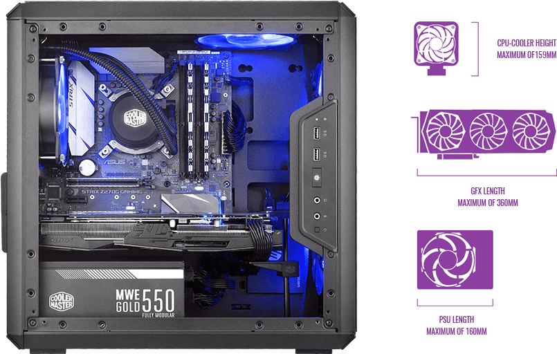 The Masterbox Q300l Case Supports Cpu Coolers Up To - Cooler Master Masterbox Q300l (922x589), Png Download