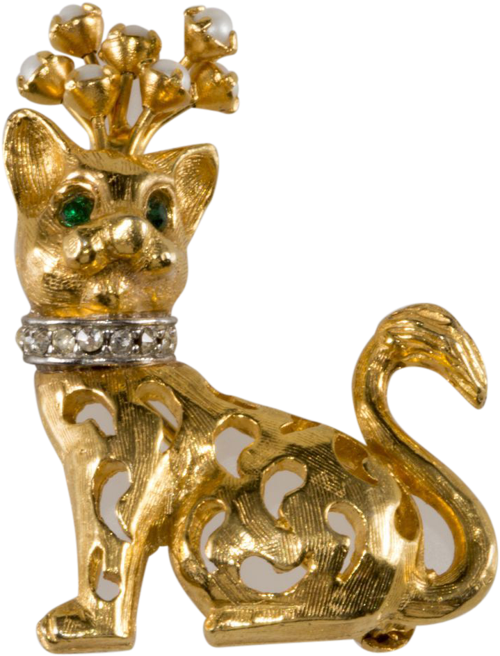 Jeanne Goldtone Rhinestone Cat Pin Brooch - Statue (943x943), Png Download