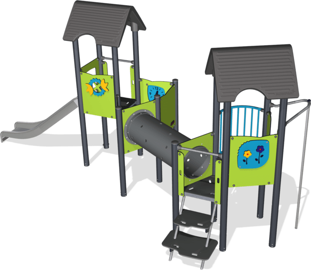 Two Towers With Tunnel Bridge, Steel Posts, St - Playground Slide (640x555), Png Download