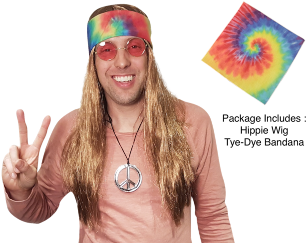 Hippie Wig W/ Tie Dye Bandana 60s 70s Hippy Woodstock - 70's Hippy (640x501), Png Download