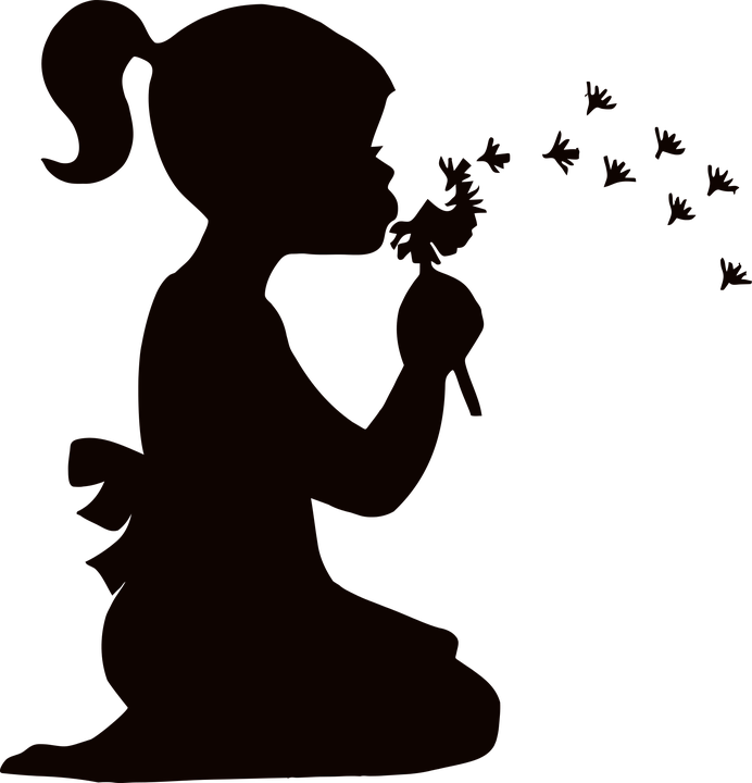 Blowing, Child, Dandelions, Dispersing, Female, Girl - Little Girl Silhouettes (692x720), Png Download