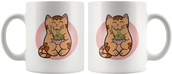 Zen Kawaii Anime Cat Eating Ramen Noodles - Mug (600x600), Png Download