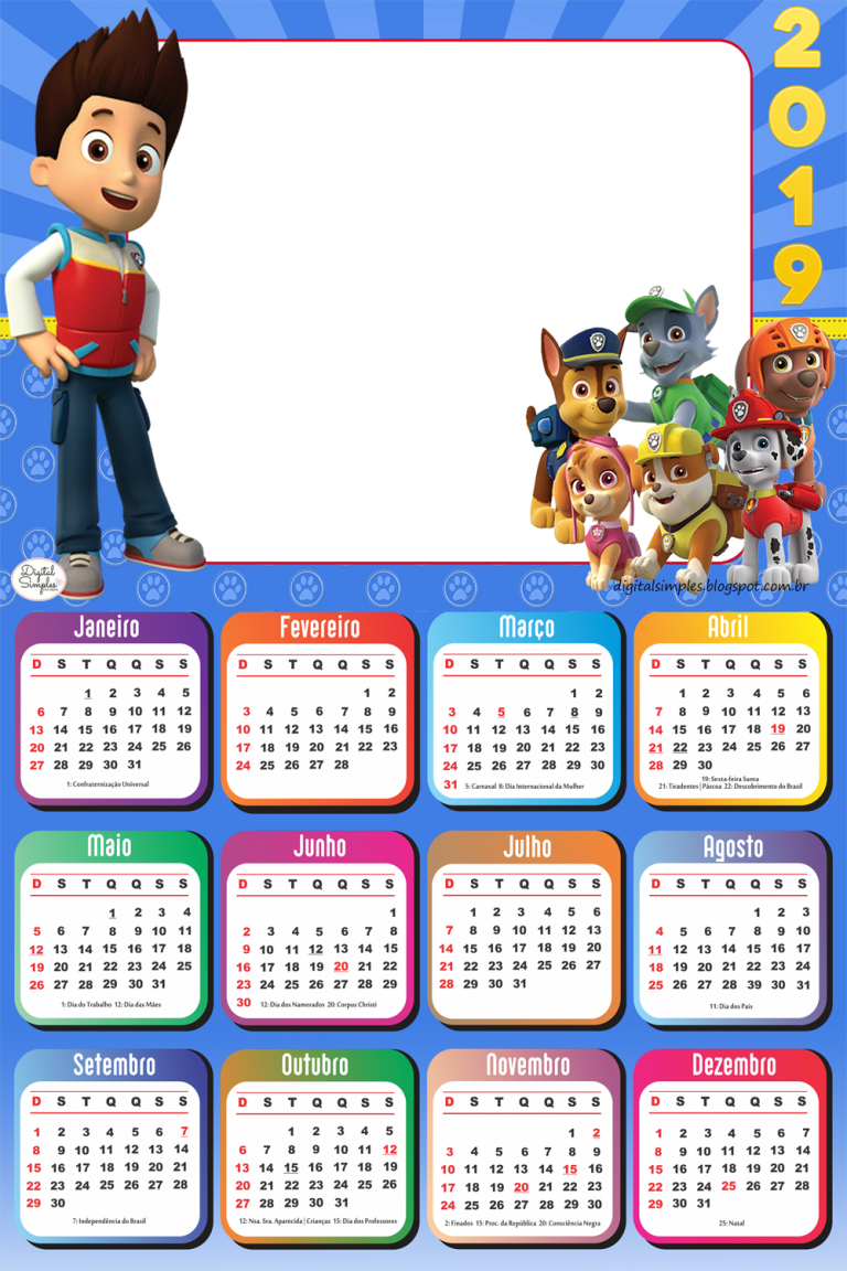 Calendário 2019 Patrulha Canina Personagens - 2019 Photo Frame Calendar (768x1152), Png Download