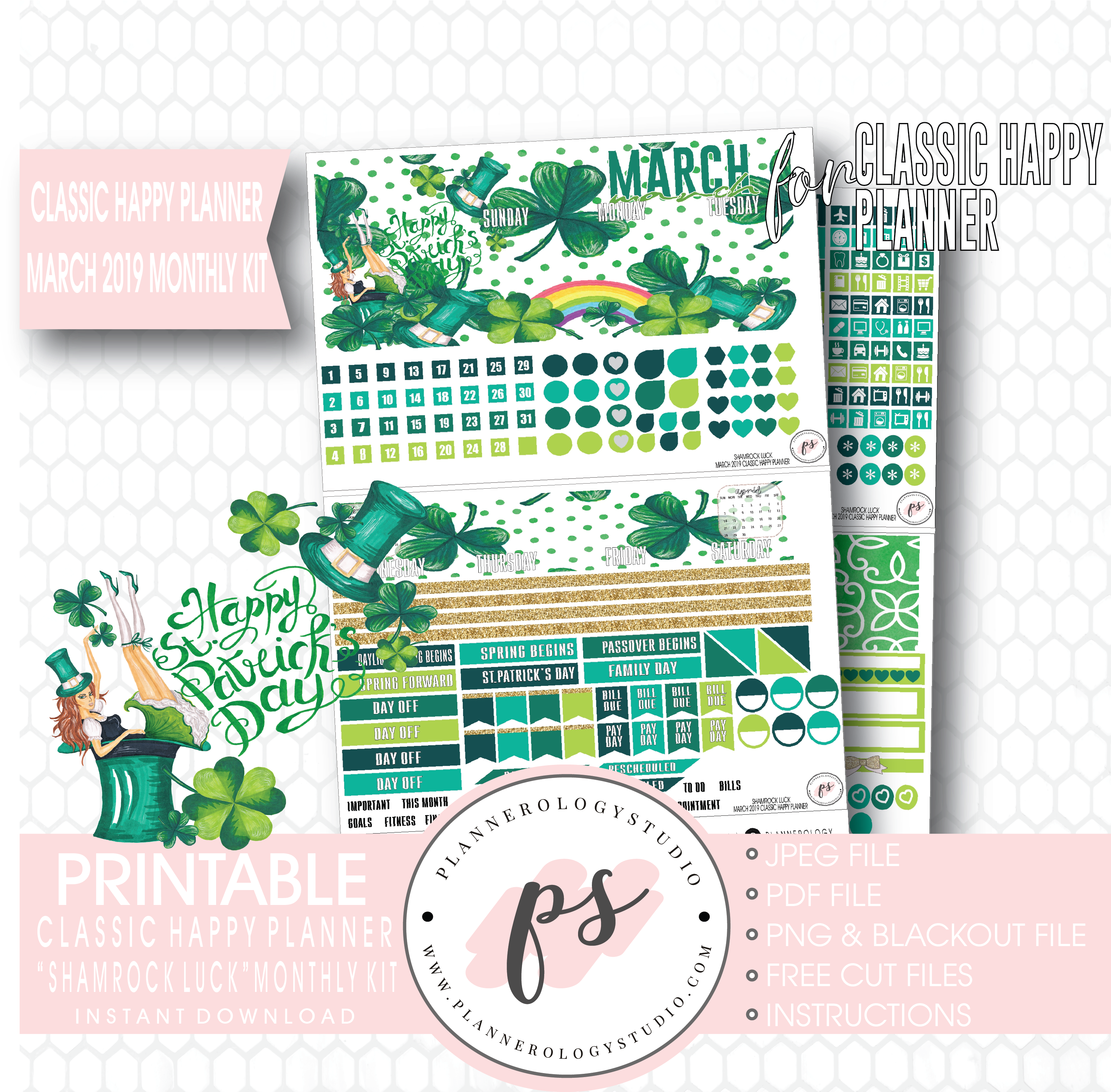 Shamrock Luck St Patrick's Day March 2019 Monthly View - Paper (3067x3000), Png Download