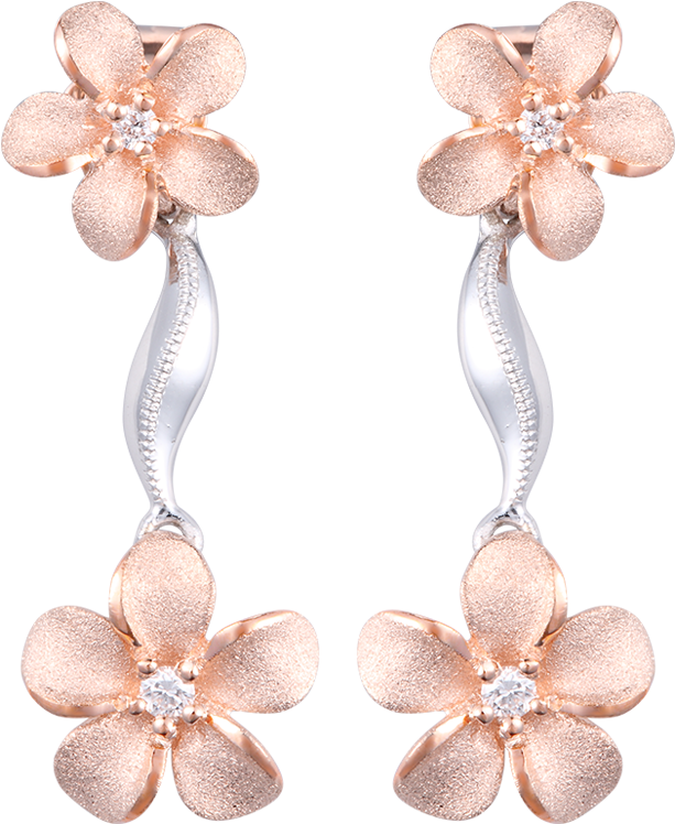 14k Two Tone Plumeria Lei Earrings With 4 Diamonds - Earrings (1024x768), Png Download