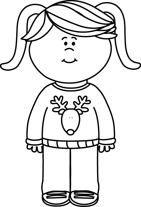 Black And White Girl Wearing A Christmas Sweater Clip - Clipart Black And White Girl (462x677), Png Download
