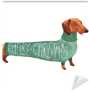Dachshund Christmas Dog In A Green Sweater Watercolor - Dibujo De Dachshund (400x400), Png Download