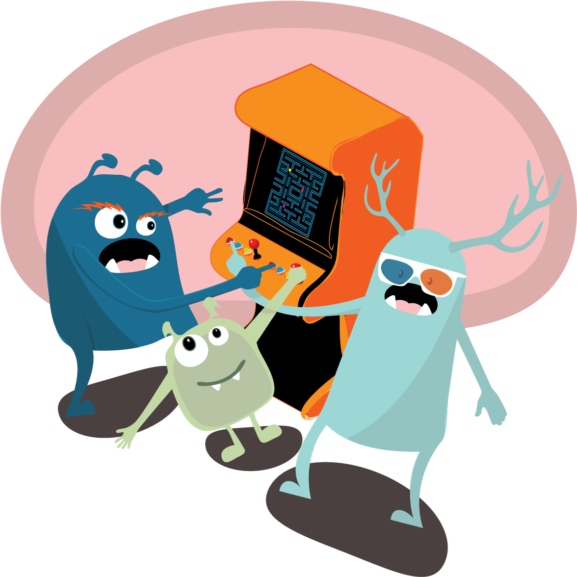3 Monsters Playing An Arcade Game - Arcade Game (1200x1201), Png Download