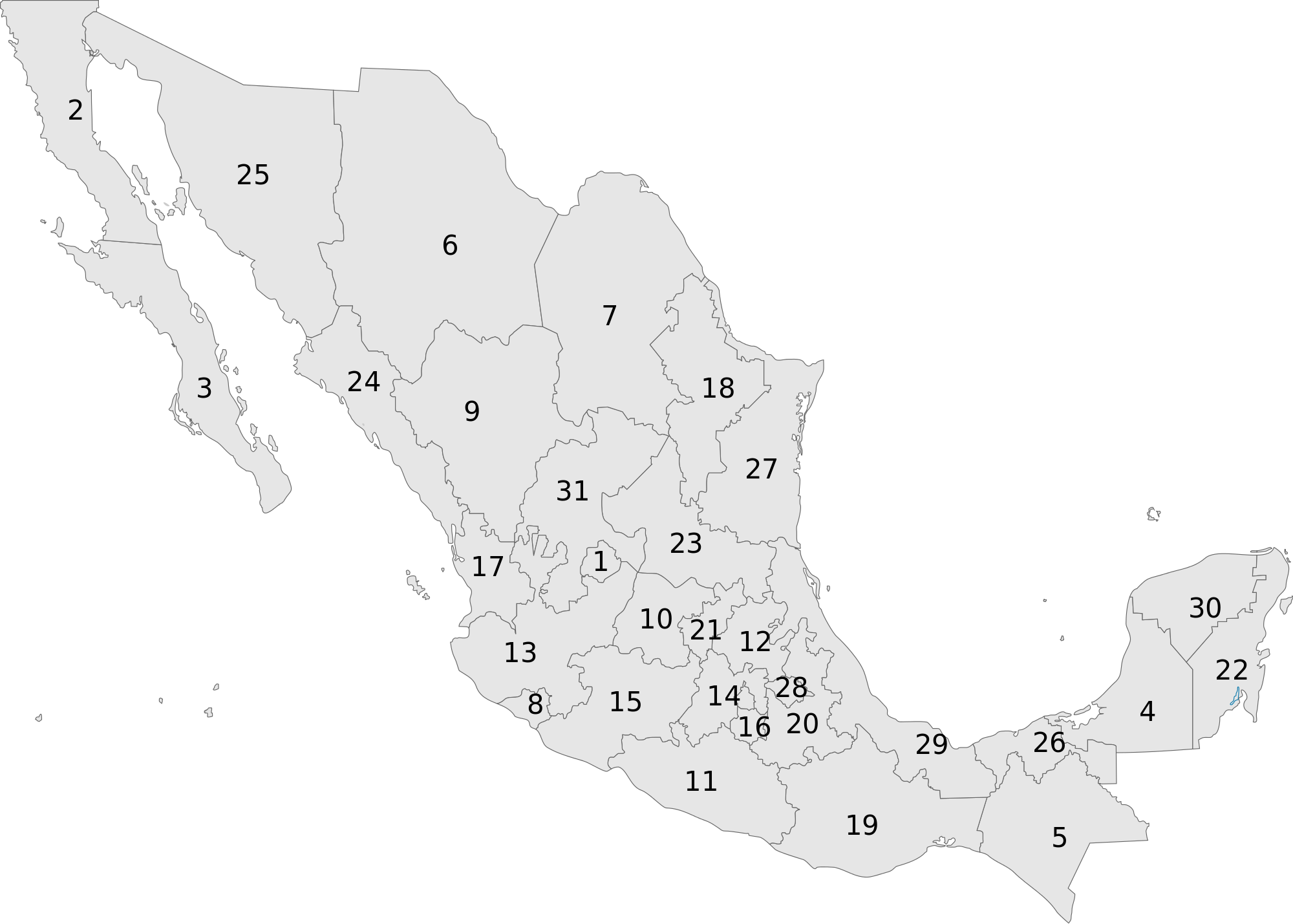 Open - Map Of Mexico States Numbered (2000x1429), Png Download