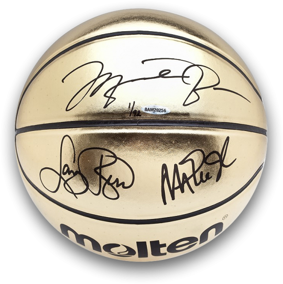 Michael Jordan, Magic Johnson, & Larry Bird Signed - Michael Jordan Signed Gold Basketball (650x665), Png Download