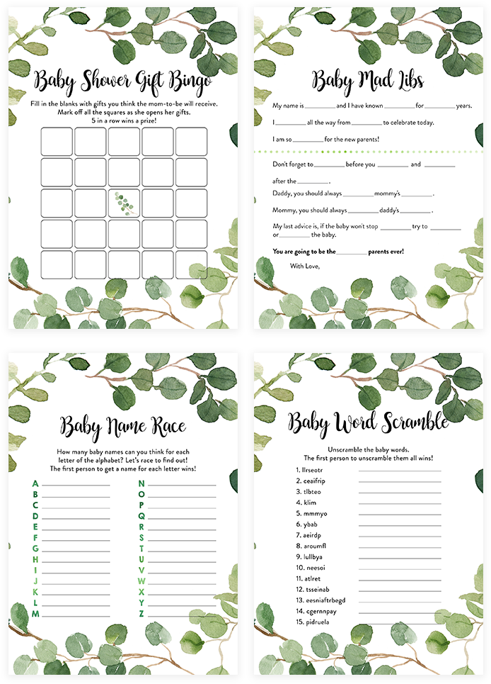 Greenery Foliage Baby Shower Game Pack (819x1024), Png Download