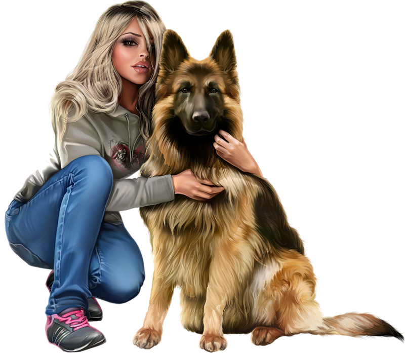 Alsatian, Illustration Girl, German Shepherds, Cartoon - Tube Femme Avec Chien (800x697), Png Download