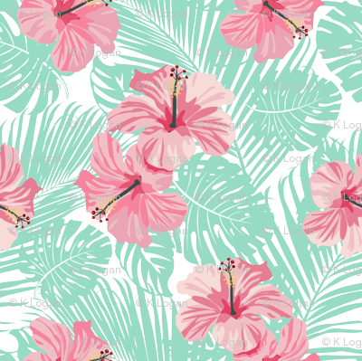 Hibiscus Tropical Flowers Floral On Teal Smaller - Floral Tropical (400x399), Png Download