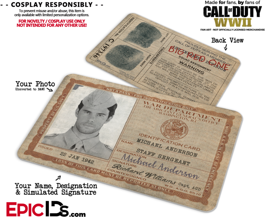 Wwii War Department "call Of Duty" Cosplay Name Badge/id - Call Of Duty Wwii By Micky Neilson (900x750), Png Download