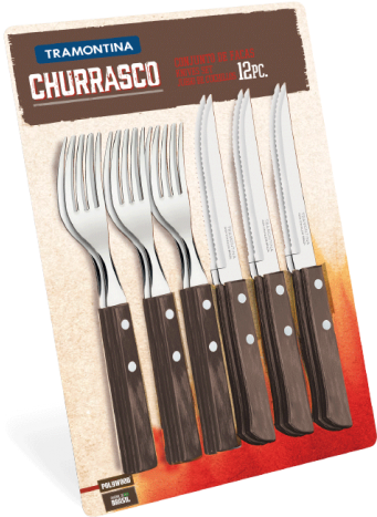Tramontina 12 Piece Steak Knife And Fork Set Tram12pss - Steak Knife And Fork Wooden Handle Uk (719x466), Png Download
