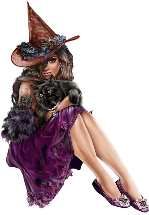 Sorciere Et Chat Noir (520x750), Png Download