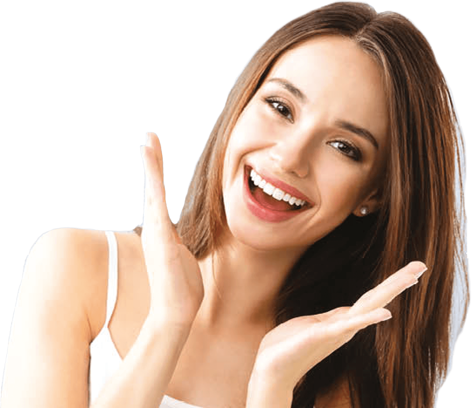 Dental Care For The Whole Family - Young Woman Showing Smile In Casual Smart Clothing (1627x1404), Png Download