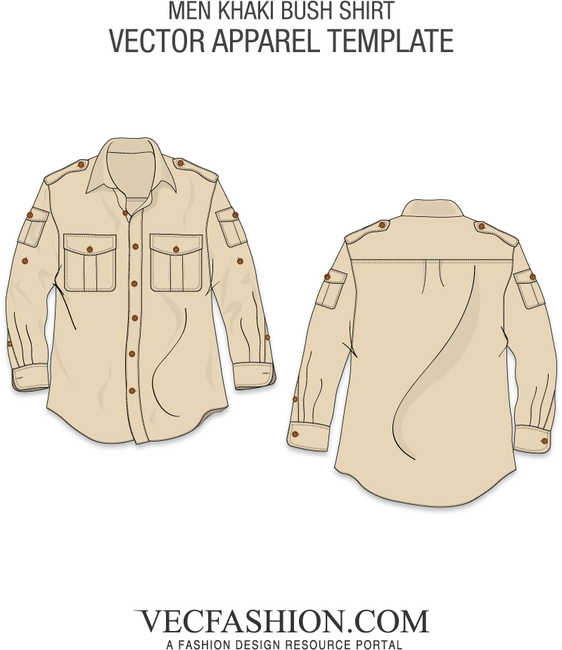 Classic Khaki Color Bush Shirt Template - Template Jacket Free Download Vector (1000x1000), Png Download
