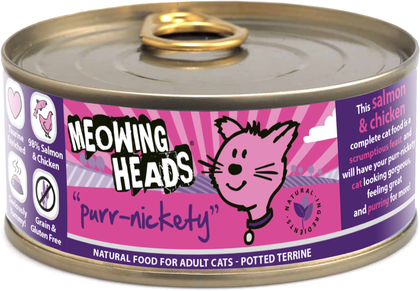 Meowing Heads Purr-nickety Salmon & Chicken Canned - Meowing Heads Purr-nickety Tin (100g) (1654x1200), Png Download