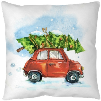 Watercolor Greeting Card With Red Retro Car Throw Pillow - Christmas Pillow Cover Collection (400x400), Png Download