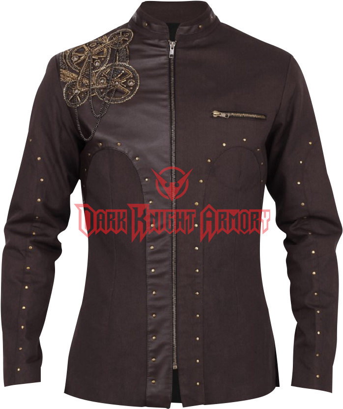 Steampunk Brown Embroidered Rivet Coat - Leather Jacket (830x830), Png Download