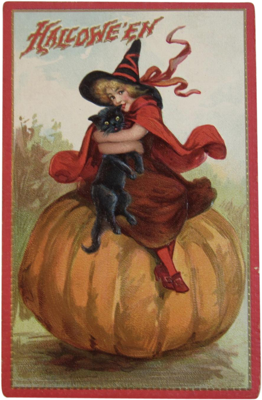Tuck's Halloween Postcard Witch Black Cat On Pumpkin - Victorian Era Halloween Cards (1348x1348), Png Download