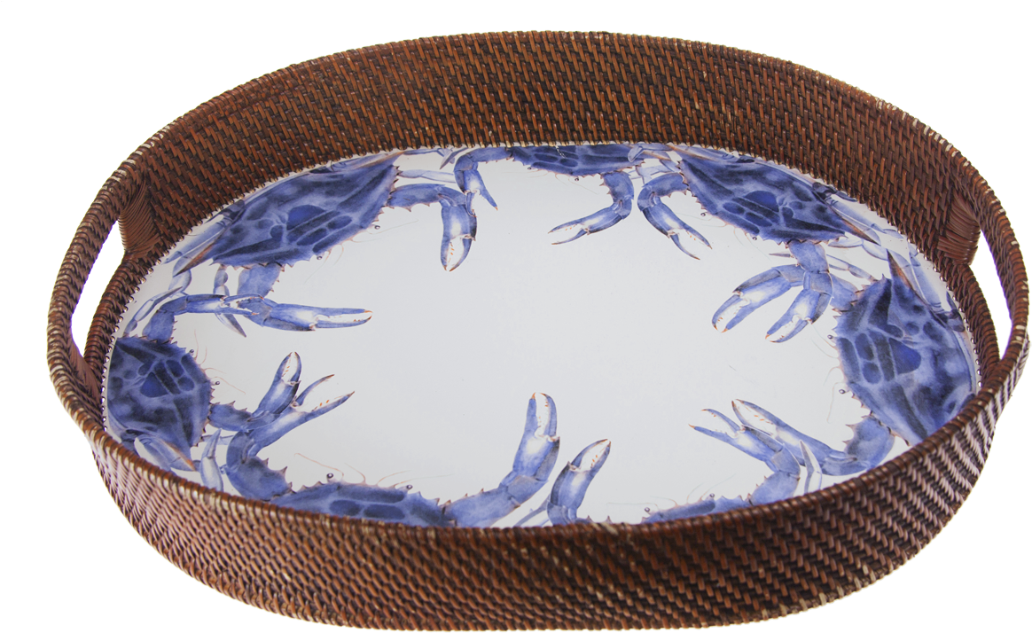 Se73 Blue Crab Rattan Serving Tray - Blue Crab Large Rattan Tray, Serving Trays,steel, Enamel, (1200x740), Png Download