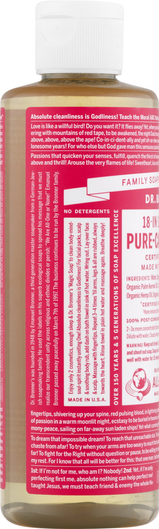 Bronner's Organic Pure Castile Liquid Soap Rose 8 Fl - Bottle (1800x1800), Png Download