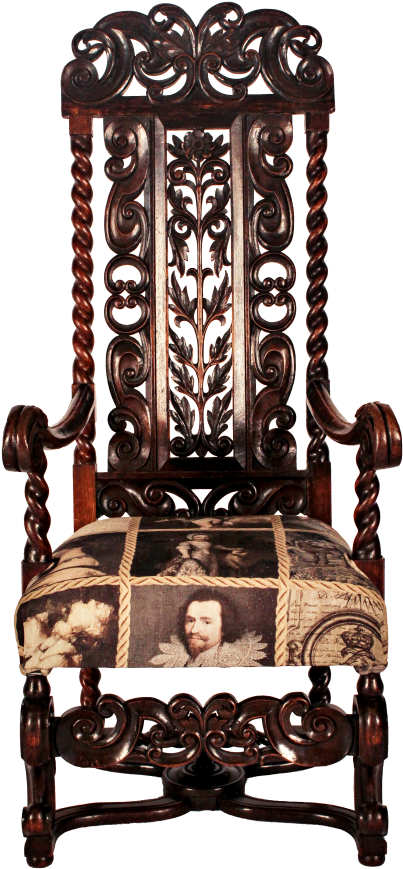 Ornately Carved Dark Oak Court Chair *brand New Upholstery* - Throne (683x1024), Png Download