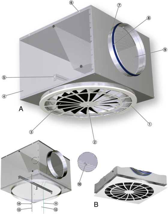 ③ Swirl Unit ④ Plenum Box ⑤ Cross Bar ⑥ Suspension - Swirl Diffuser With Plenum Box (660x753), Png Download