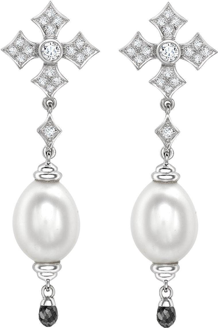 Pearl & Diamond Gothic Cross Drop Earrings - Earrings (1050x1225), Png Download