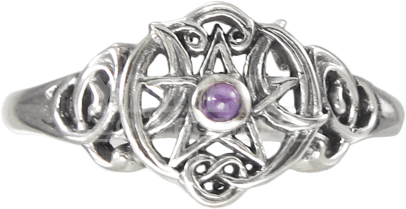 Silver Heart Pentacle Ring With Amethyst Accent - Pagan Engagement Rings (850x850), Png Download