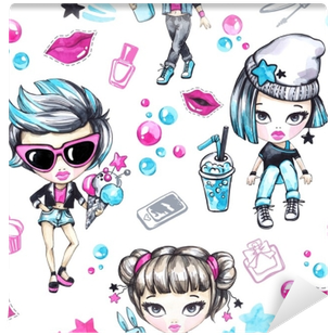 Watercolor Seamless Pattern With Fashion Teenagers - Watercolor Painting (400x400), Png Download