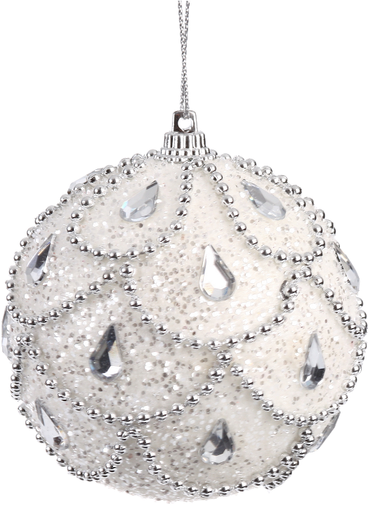 8cm Hanging Ball Silver And White Xmas Baubles, Beaded - White Hanging Christmas Ornaments (800x800), Png Download