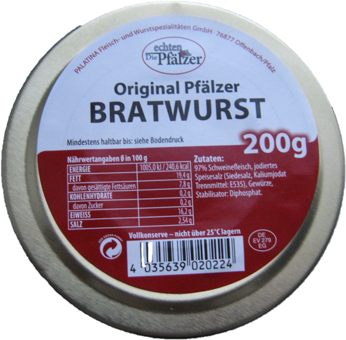 Original Pfälzer Bratwurst, 200g - Bratwurst (709x698), Png Download