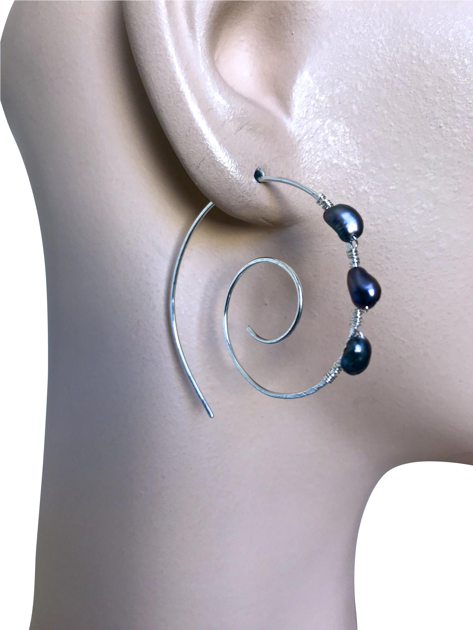 Silver Spiral Hoops, Swirl Earrings, Pearl Hoops, Black (2016x2016), Png Download