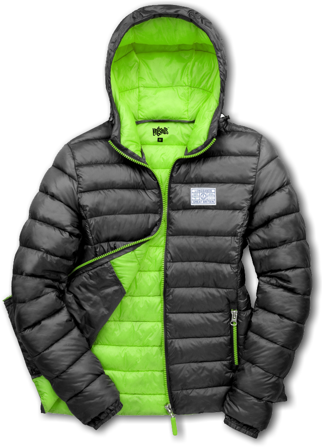 Womens Hooded Pad Jacket - Black And Green Puffer Jacket (1000x1000), Png Download