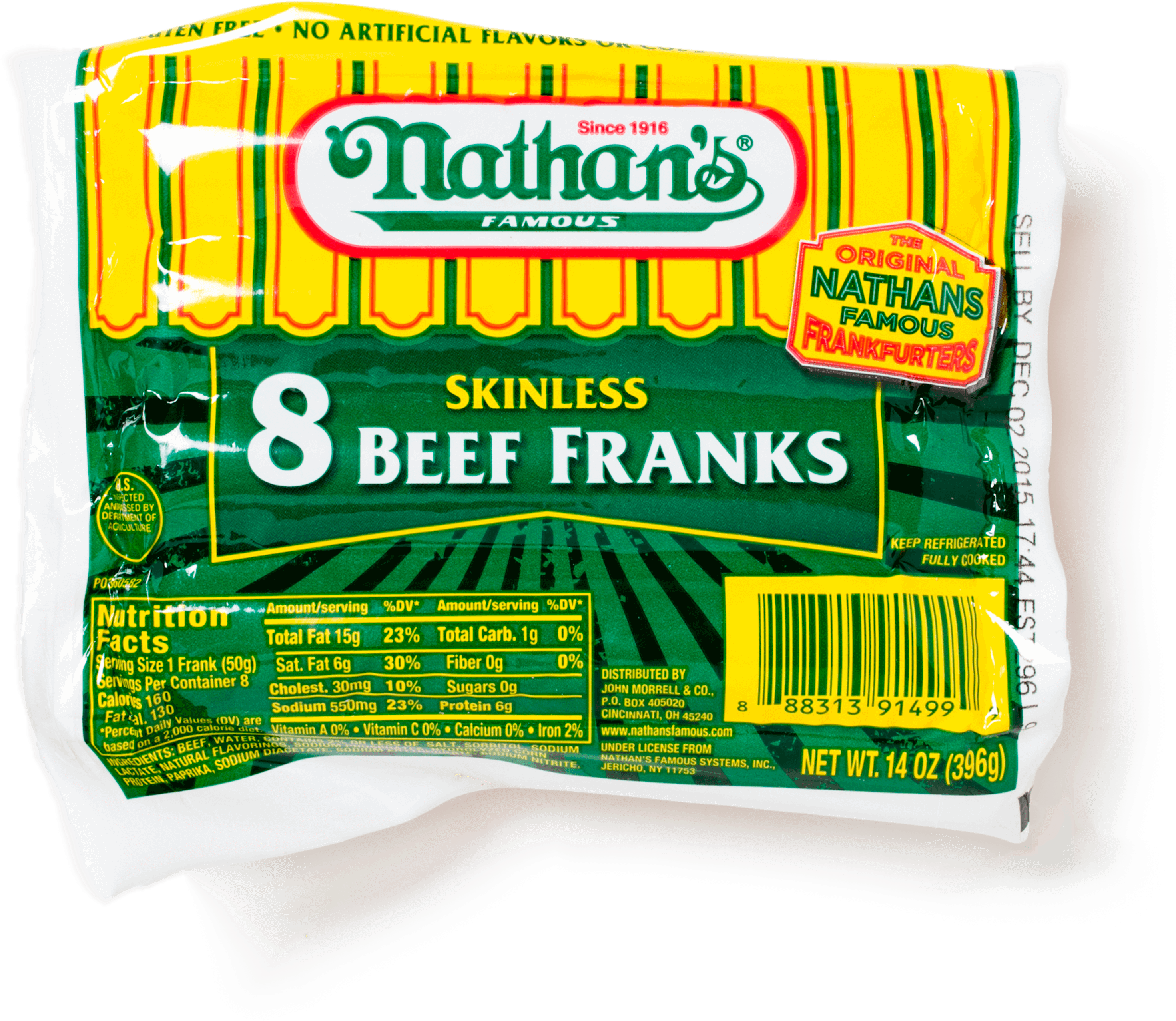Nathan's Skinless 8 Beef Franks (3082x3082), Png Download