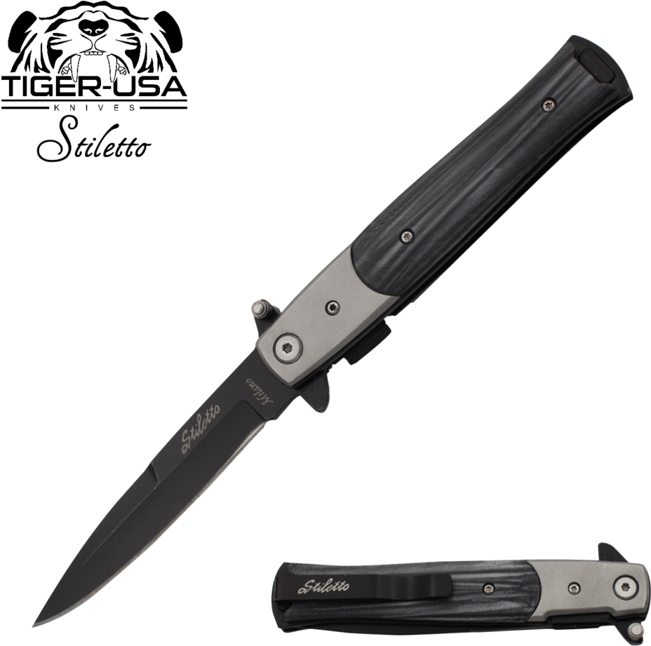 9" Marble Italian Milano Stiletto Tactical Spring Assisted - White And Black Stiletto Knife (1024x1024), Png Download
