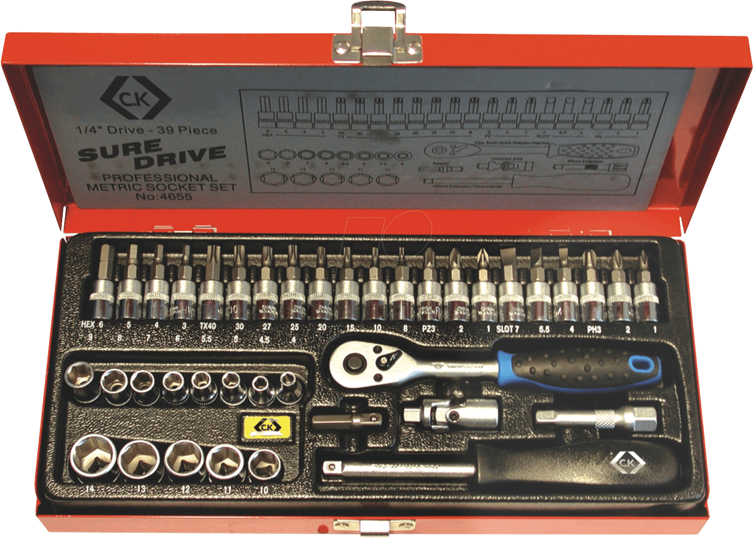 K Socket Wrench Set 1/4, 39-part C - C.k Suredrive Socket Set 1/4"dr T4655 (1560x1109), Png Download