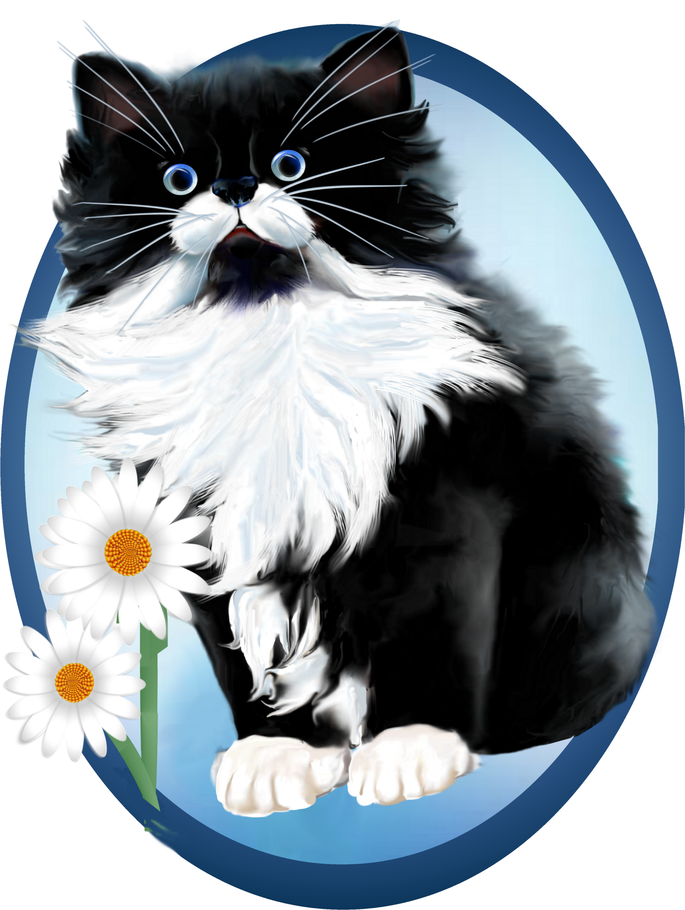Little Tuxedo Kitten And White Fur Matching Daisy - Gatinho E Margarida Regata Com Estampa Completa (2400x3000), Png Download