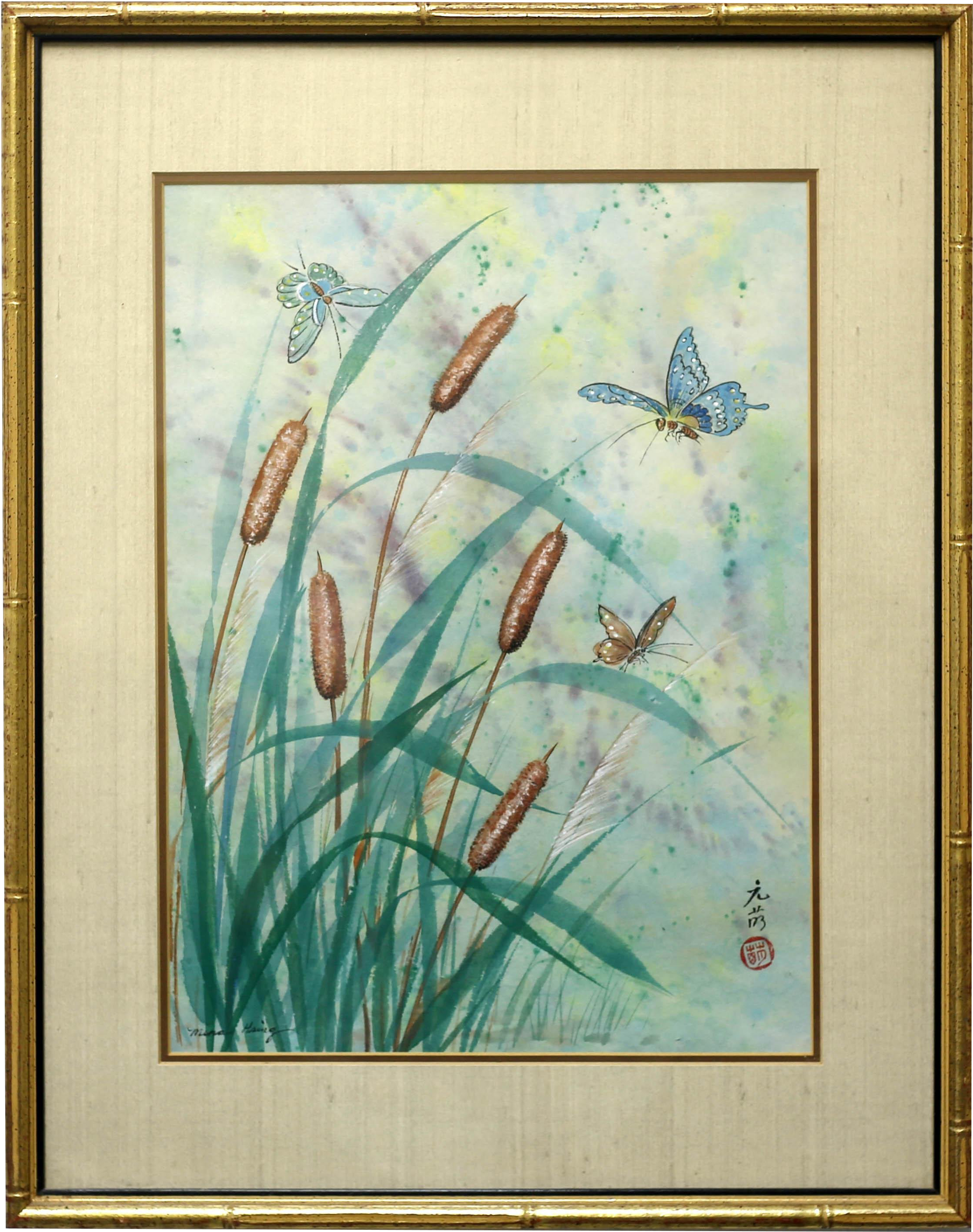 Mina Hsing Painting Cattails And Butterflies Watercolor - Painting (2473x3131), Png Download
