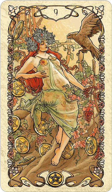 Main Menu Nine Of Discs - Mucha Tarot Cards (600x800), Png Download
