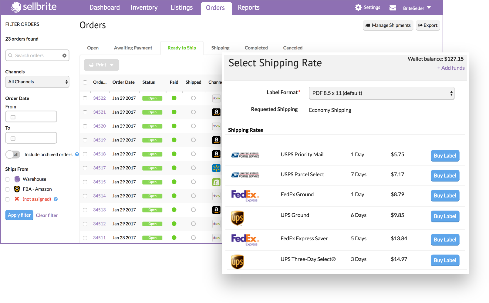 Print Your Own Shipping Labels - Sellbrite Manage Shipments Screen (1636x1024), Png Download