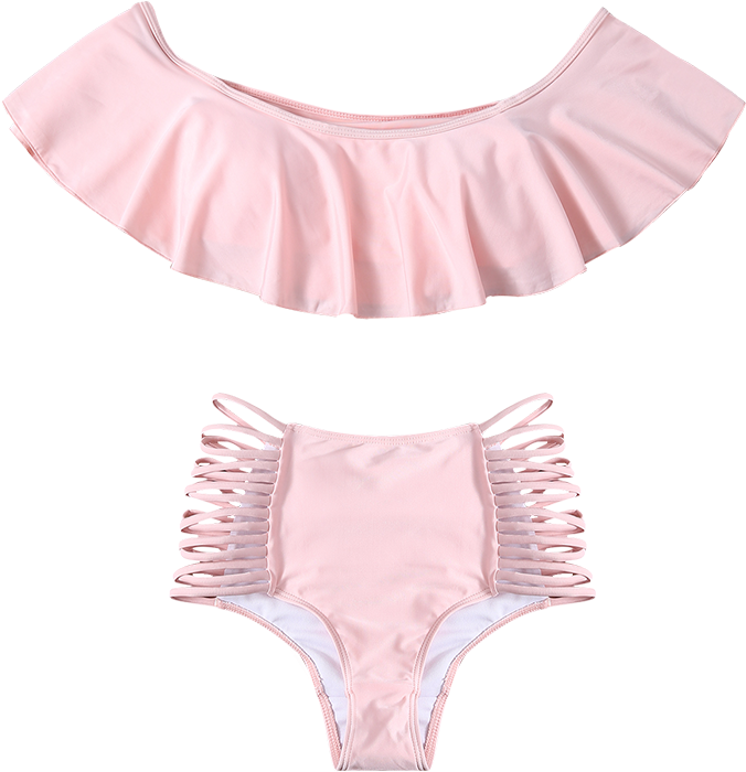 Pink Cutout Off The Shoulder Flounced Bikini Set - Bandeau (700x931), Png Download