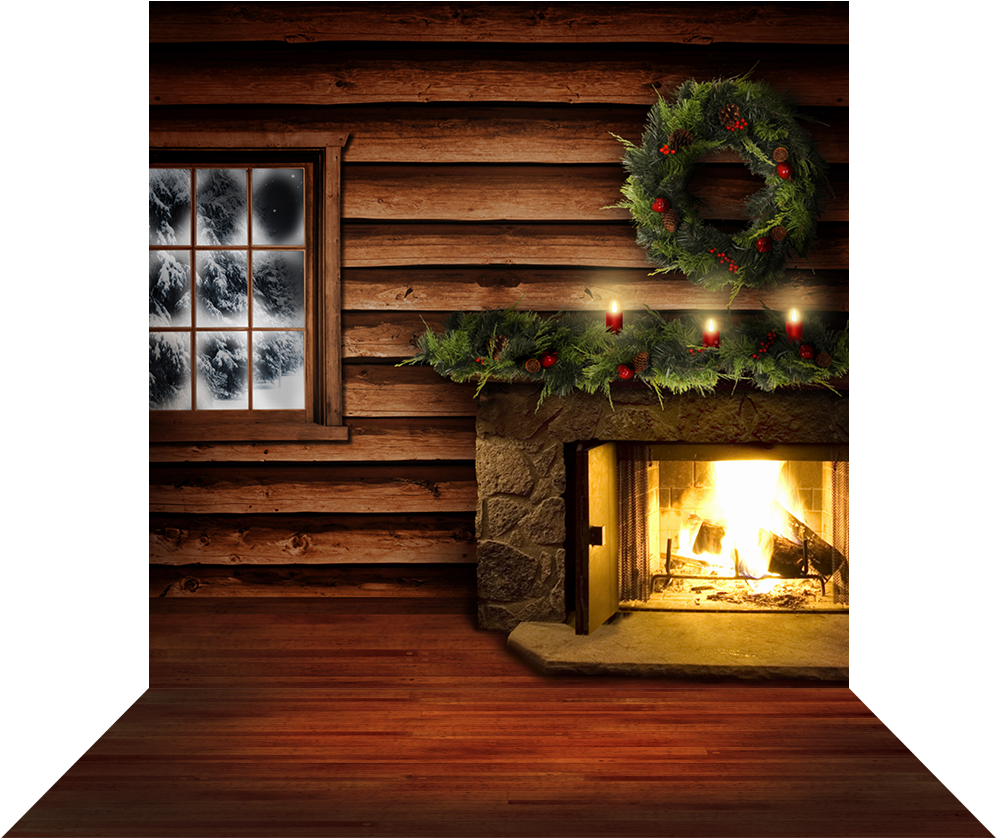 Download Holiday Hearth Log Cabin With Frosted Window Christmas Tree