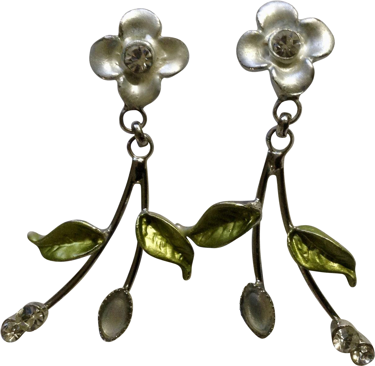 Silver Tone Flowers With Leaves And Crystal Rhinestones - Earrings (1217x1217), Png Download